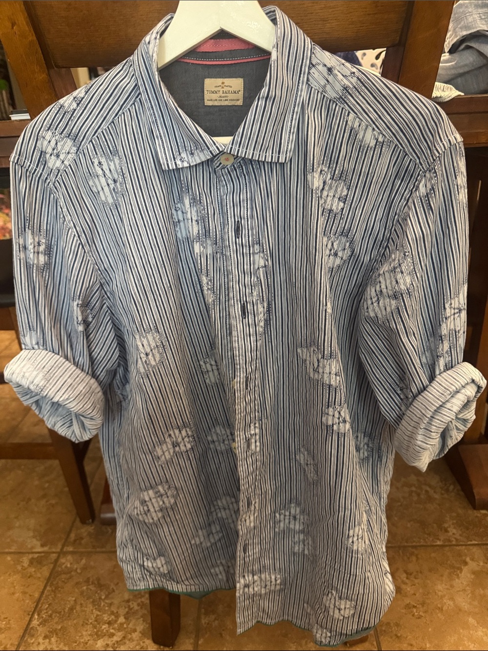 Tommy Bahama Blue and White Striped Floral Button-Down Shirt